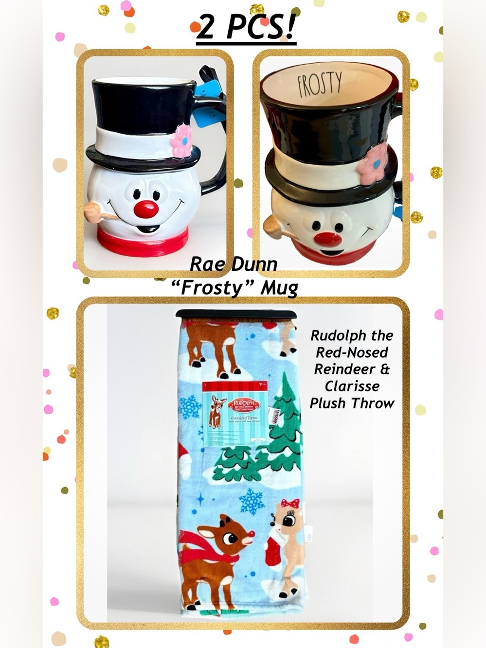 Rae Dunn FROSTY MUG Rudolph Clarisse Reindeer PLUSH THROW Farmhouse Classic NWT